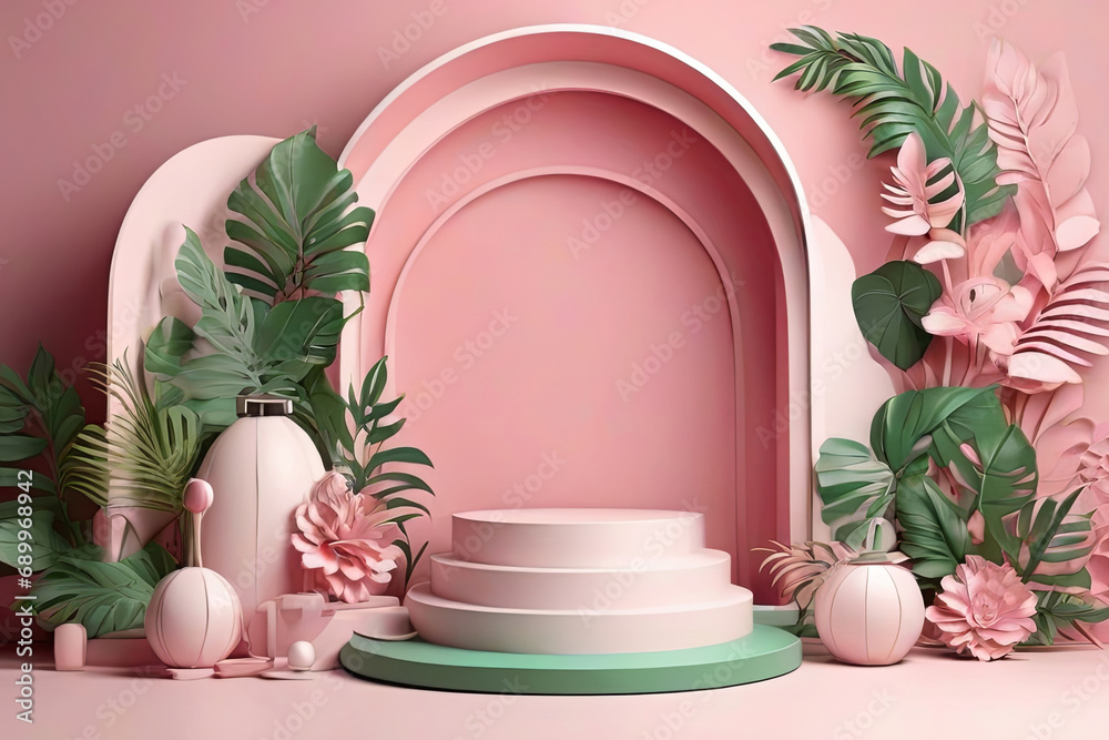 Set of pink and white 3D background with products podium arch shape and green lea - obrazy, fototapety, plakaty 