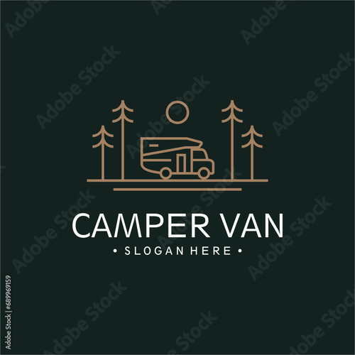 Campervan Logo with line art Illustration