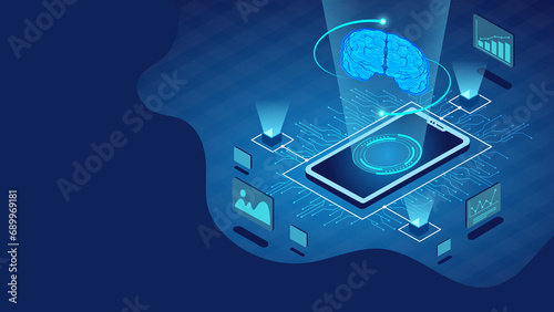 Digital isometric AI technology on blue background, Artificial Intelligence banner, Deep machine learning AI.