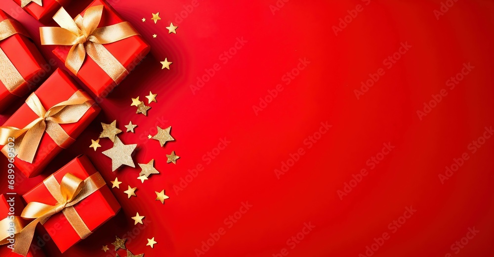 Wrapped in Joy: Christmas Background Featuring Digital AI Elegance, Beautiful Presents, and Plenty of  Copy Space. 