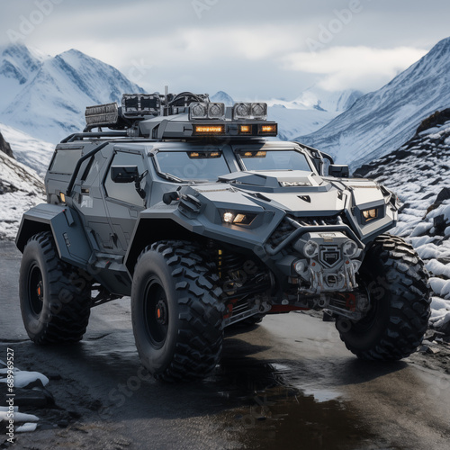 a 4 wheels jeep with anti-tank military design concept in a snowy mountain