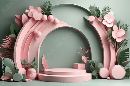 Fotótapéta Set of pink and white 3D background with products podium arch shape and green le