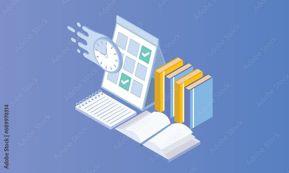 3d stack of books, alarm clock, calendar,online education.on Pastel Blue background.3d handmade.3d vector icon for technology,teaching illustration.