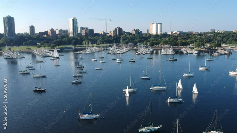 Drone shot of sail boats in Lake Michigan bay in downtown Milwaukee Wisconsin Drone shot of sail boats in Lake Michigan bay in downtown Milwaukee Wisconsin