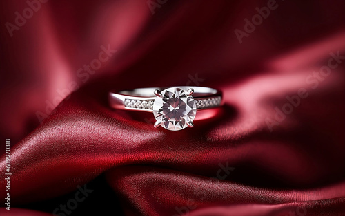 Glamorous diamond ring on burgundy satin fabric background. Close-up of promise ring a timeless symbol of love
