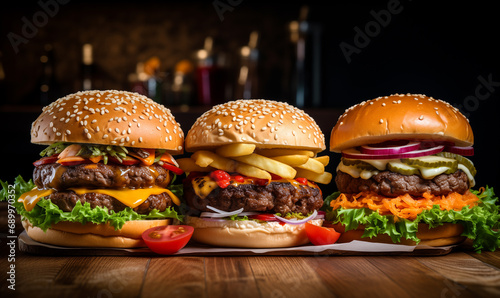 Set of three Burgers on wooden table with dark bar background. Fast food meal. Various burgers, vegan burger, hamburger, cheeseburger. Grill burger, side view food photo, burger composition. photo