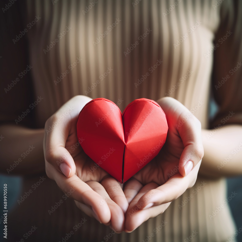Woman hands holding red paper heart shape for Happiness moment, Health care, donate, Anniversary, Valentine's day, Hope and family insurance concept, World heart day, world health day, Generative AI. Woman hands holding red paper heart shape for Happiness moment, Health care, donate, Anniversary, Valentine's day, Hope and family insurance concept, World heart day, world health day, Generative AI.