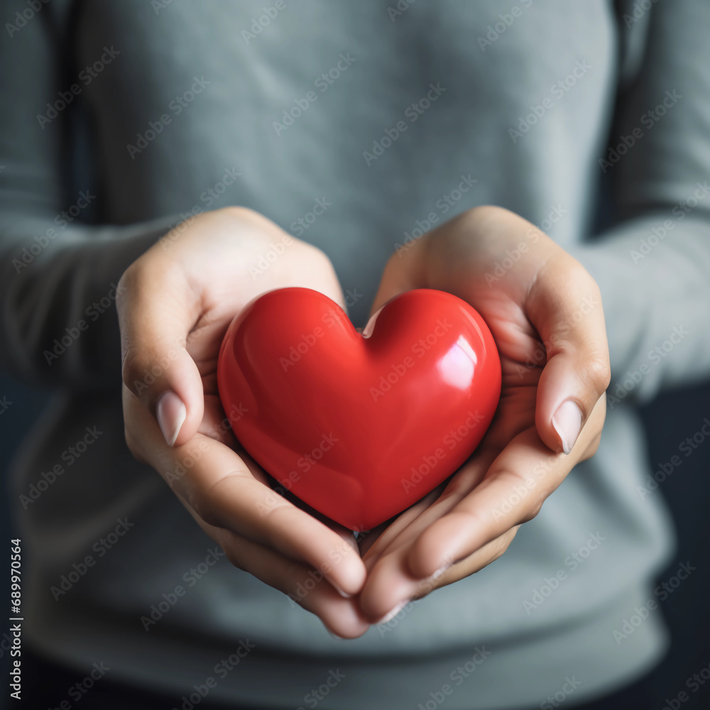 Woman hands holding red paper heart shape for Happiness moment, Health care, donate, Anniversary, Valentine's day, Hope and family insurance concept, World heart day, world health day, Generative AI. Woman hands holding red paper heart shape for Happiness moment, Health care, donate, Anniversary, Valentine's day, Hope and family insurance concept, World heart day, world health day, Generative AI.