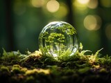 Crystal ball with green moss and bokeh background in forest.