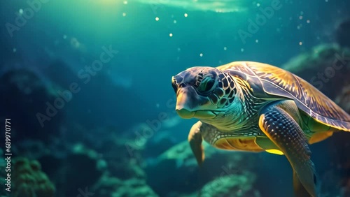 closeup of a green sea turtle swimming underwater photo