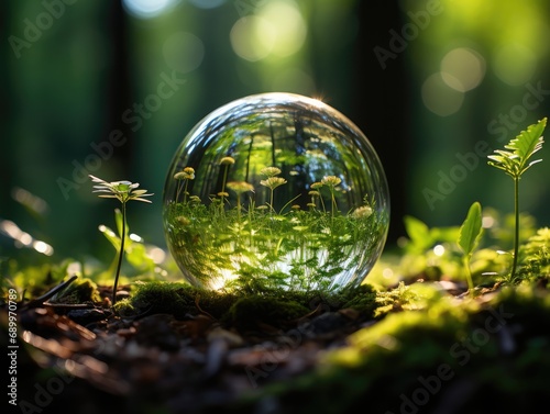 Crystal ball with grass and flowers in the forest. Eco concept.