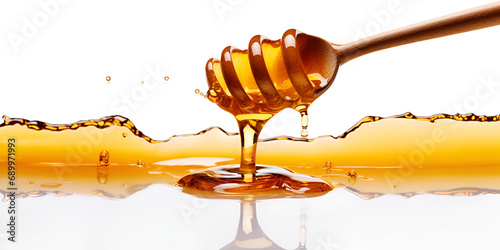 honey dripping from a wooden dipper,Indulgent Delight: Honey Cascading from a Wooden Spoon photo