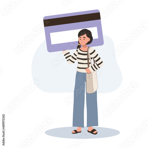 Cashless Payment Concept. Online Shopping. Woman with Large Credit Card for Easy Transactions