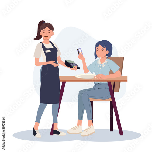 Cashless Transaction concpet. Woman Making Payment at Restaurant Using Credit Card