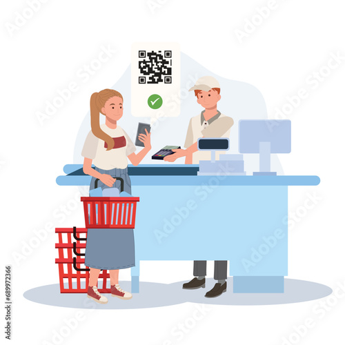Cashless Payment Concept. Woman Doing Payment with Mobile Phone. Cashless Transaction at Cashier Counter