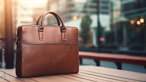 Men's business bag for documents and laptop on a wooden table photo
