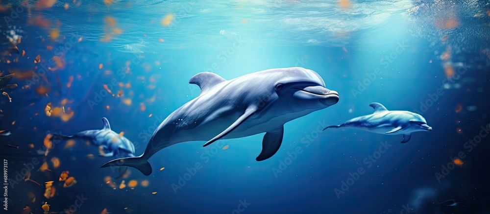 Fototapeta premium Backward movements of aquarium dolphins above water.