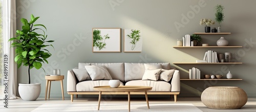 Trendy Scandinavian living room with gray sofa, wooden coffee table, shelf, carpet, rattan pouf, plants, picture frame, lamp, and elegant decor.