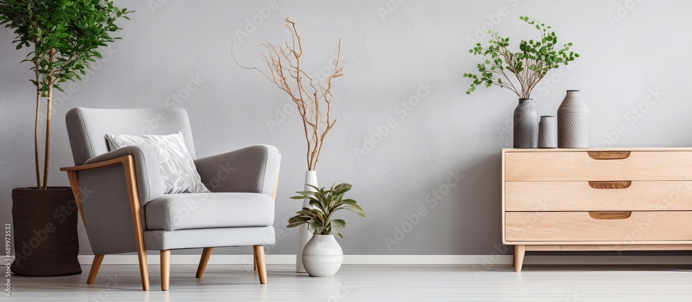 Trendy Scandinavian living room with wooden commode, design armchair, carpet, leaf in vase, book, and personal accessories in unique home decor. Trendy Scandinavian living room with wooden commode, design armchair, carpet, leaf in vase, book, and personal accessories in unique home decor.