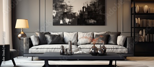 Modern living room interior design featuring chic black furniture, artwork, accessories, and decor, presented with a template.