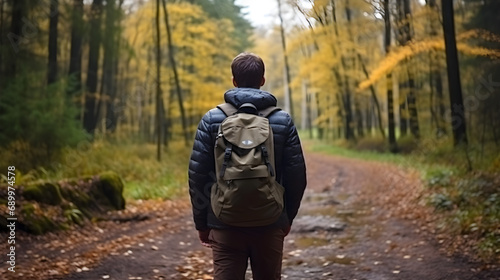 a man with a backpack walks through the forest