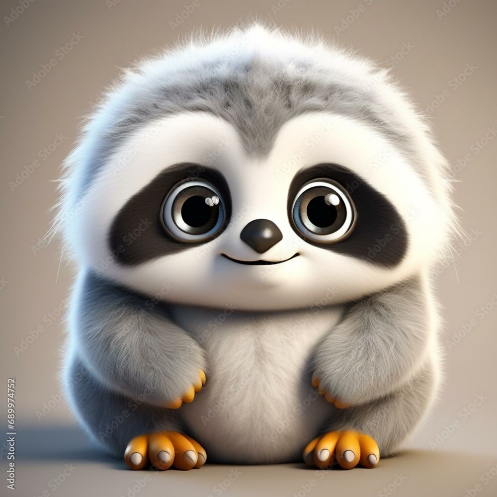 furry character, part sloth, part panda and part penguin, big eyes, cute, mascot