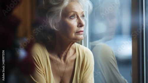 Worried hot elderly woman looking in window. Ai generative