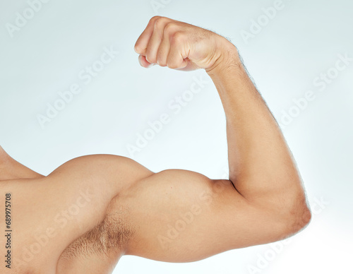 Leinwand Poster Fitness, bicep flex and closeup of man in studio for wellness, training or workout results on white background