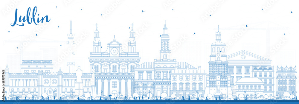 Outline Lublin Poland city skyline with blue buildings on white. Lublin cityscape with landmarks. Business travel and tourism concept with modern and historic architecture.