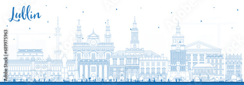 Outline Lublin Poland city skyline with blue buildings on white. Lublin cityscape with landmarks. Business travel and tourism concept with modern and historic architecture. photo