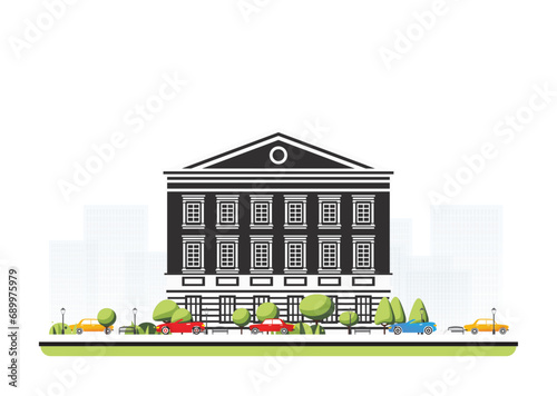 Museum building in flat style with trees and cars. Vector illustration. City scene isolated on white background. Urban architecture. Art gallery of contemporary art.