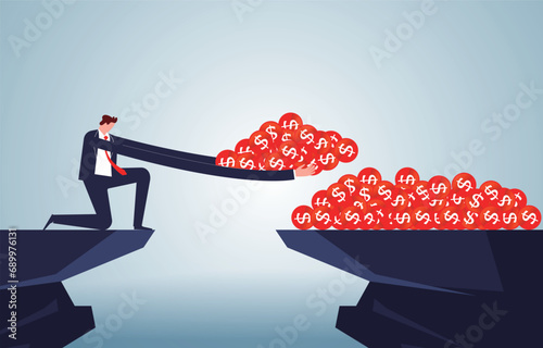 Business or career advantage, special skills or talents, business strategy, winning in competition, long arm merchant at the edge of a cliff easily getting gold coins across the cliff