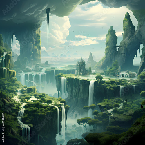 Surreal landscape with floating islands and waterfalls