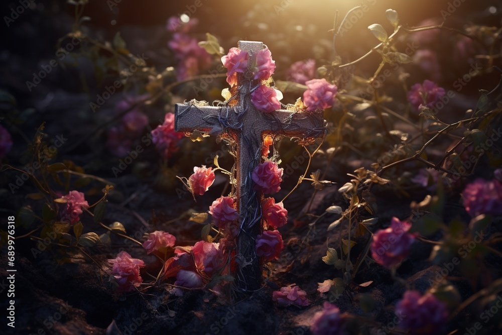 Cross of Jesus Christ with colorful flowers in a cemetery Cross of Jesus Christ with colorful flowers in a cemetery