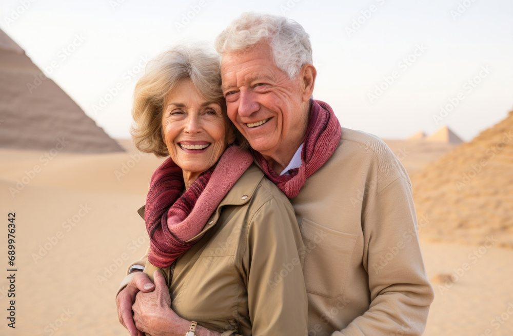 Eternal Bonds: Joyful Senior Couple at the Pyramids of Giza
