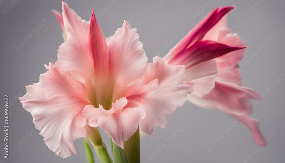 Pink gladiolus flower with gray background.