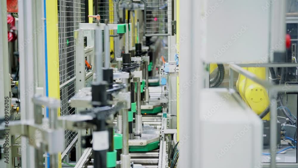 High Precision Yellow Robot Arm sticks stickers on final products - car shock absorbers in production line. High Precision Yellow Robot Arm sticks stickers on final products - car shock absorbers in production line.