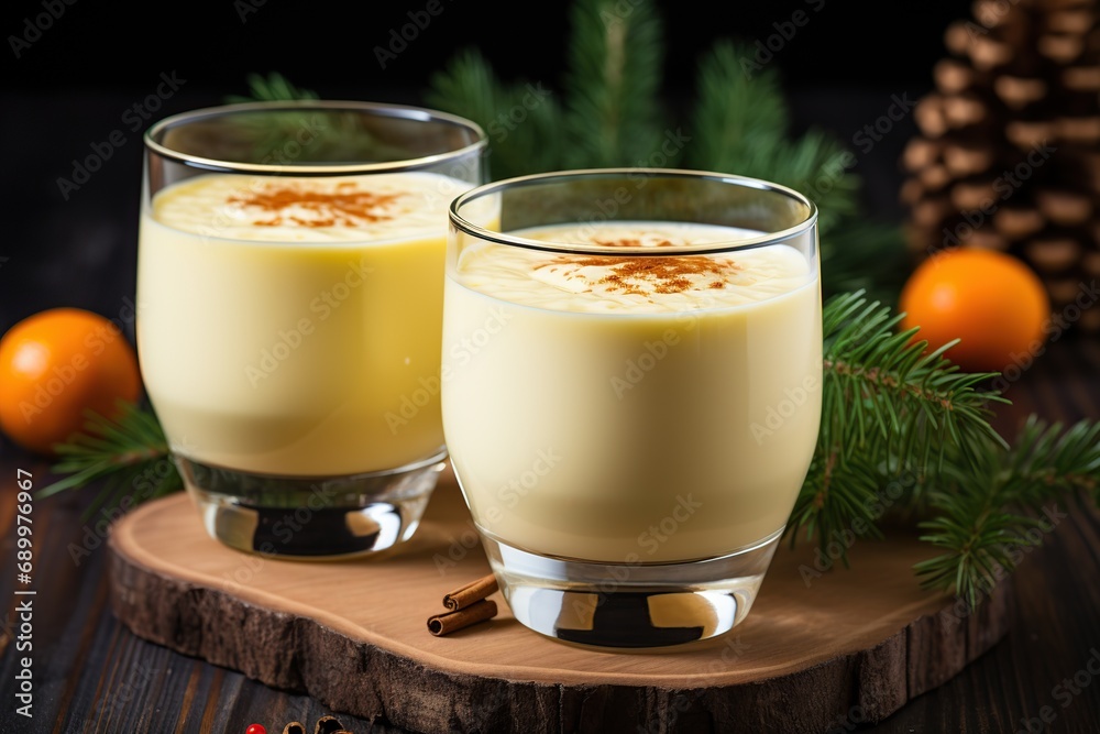 Christmas eggnog with ingredients on dark wooden table, Generative AI Christmas eggnog with ingredients on dark wooden table, Generative AI
