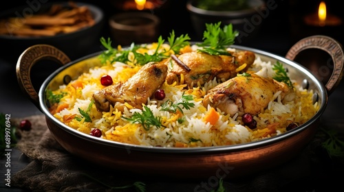 Chicken biryani in a shiny silver bowl, Spicy curry and aromatic flavors, authentic Indian food, serving fancy food in a restaurant.