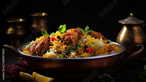 Chicken biryani in a shiny silver bowl, Spicy curry and aromatic flavors, authentic Indian food, serving fancy food in a restaurant.