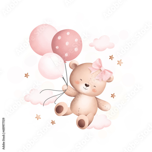 Watercolor Illustration cute teddy bear flying with balloons