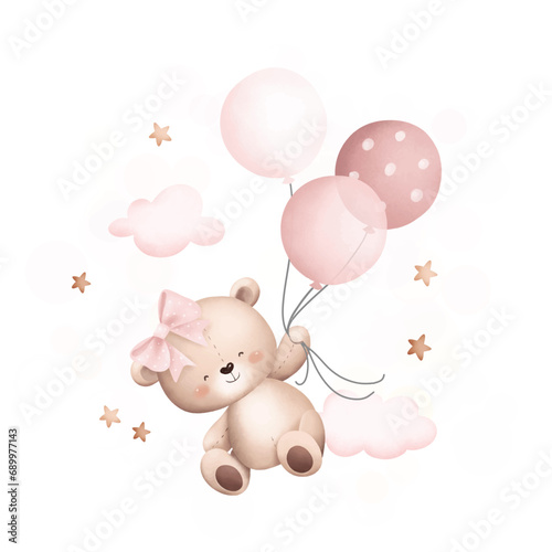 Watercolor Illustration cute teddy bear flying with balloons