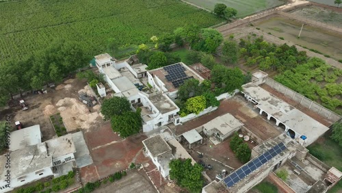 Solar-powered rooftops in Badin City, Sindh, Pakistan. Aerial photo