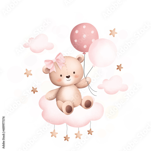 Watercolor Illustration cute teddy bear sits on the cloud with balloons3 © Stella