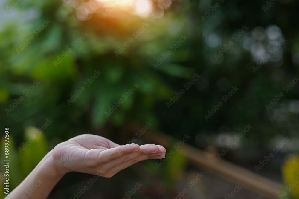 Technology, hand holding with environment Icons over the Network connection on green background. Technology, hand holding with environment Icons over the Network connection on green background.