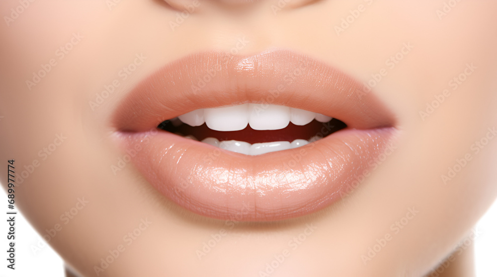 Fototapeta premium Front view, Close up of young woman's beautiful full lips with nude color lipstick on transparent background. white and bright teeth. 