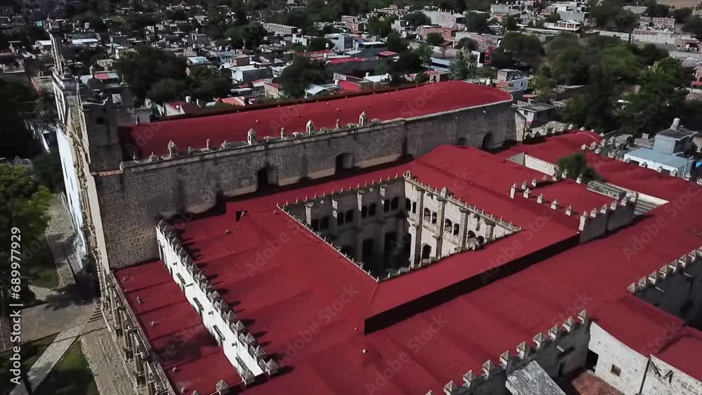 Flight over ex convent Santa Maria Magdalena in Cuitzeo, Michoacan, Mexico Flight over ex convent Santa Maria Magdalena in Cuitzeo, Michoacan, Mexico