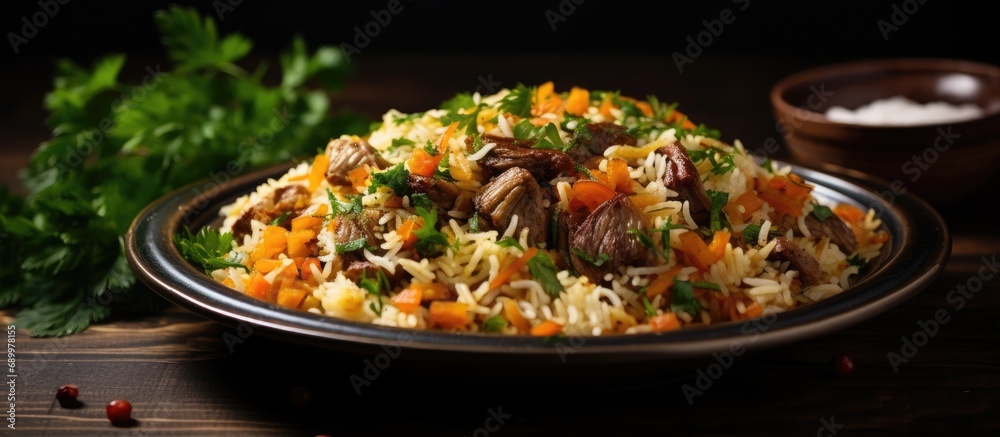Turkish version: Acem pilavi - a traditional pilaf with carrots and meat, also known as Persian pilaf. - obrazy, fototapety, plakaty 
