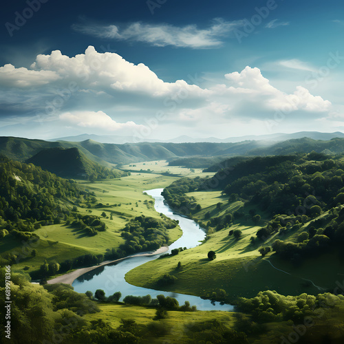 Tranquil river winding through a valley surrounded by lush greenery.