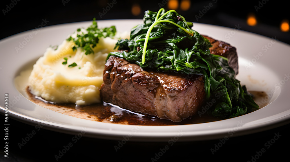Tender filet served with garlic mashed potatoes and sautéed spinach ...